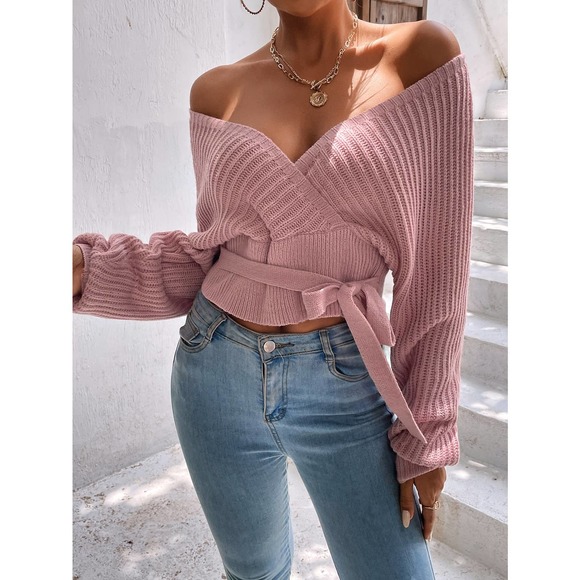 Surplice Neck Cut Out Back Batwing Sleeve Knot Front Sweater pink - Picture 5 of 6